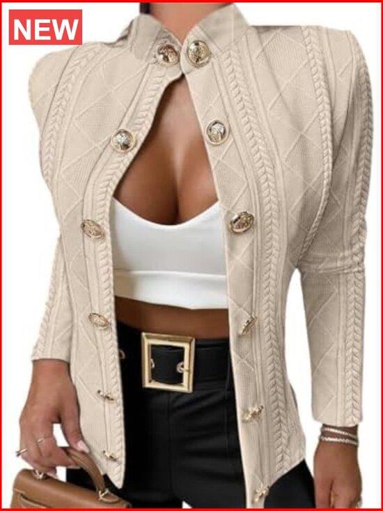 Jackets & Blazers - Argyle Cable Cardigan Lightweight Cropped Stand Collar Long Sleeve Metal Button
